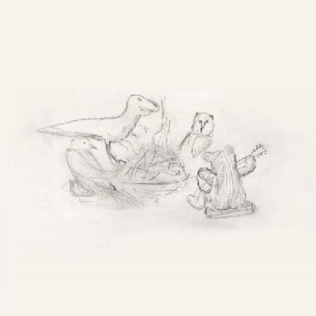 A sketch of a bird, a squirrel, and what appears to be a stylized version of a human figure or perhaps an animal, sitting around a fire.