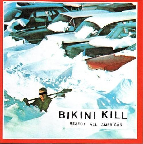 Album cover of Bikini Kill's 'Reject All American' featuring a person rowing a boat with a snowy landscape in the background.