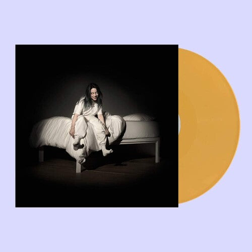 Billie Eilish 'When We All Fall Asleep' yellow vinyl record and front album cover showing her dressed in white, with white creepy eyes, sitting on a white bed on a black background.