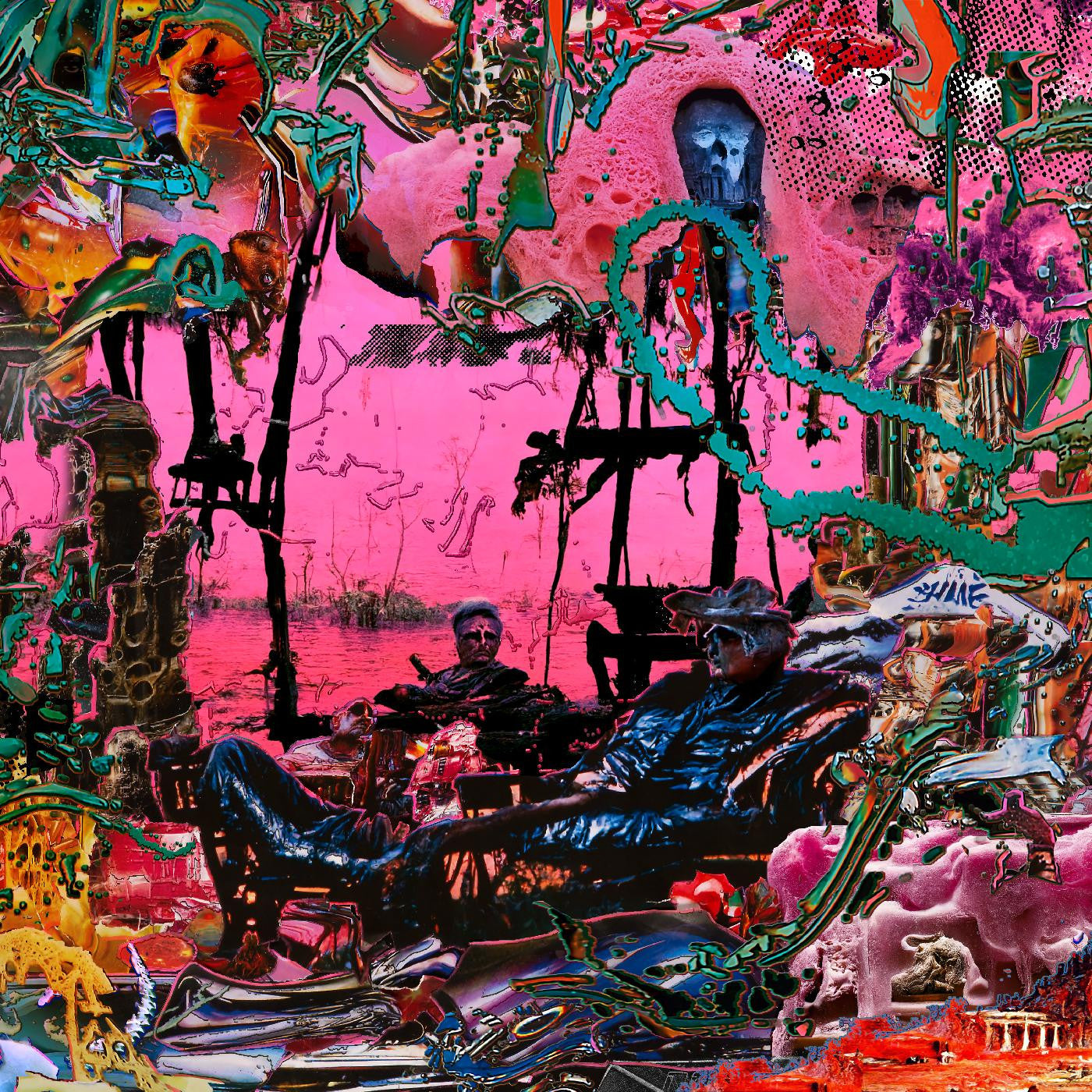 Abstract artwork featuring a collage of unrelated images including a band performing, a pink sky, and various objects and characters, predominantly in multicolor.