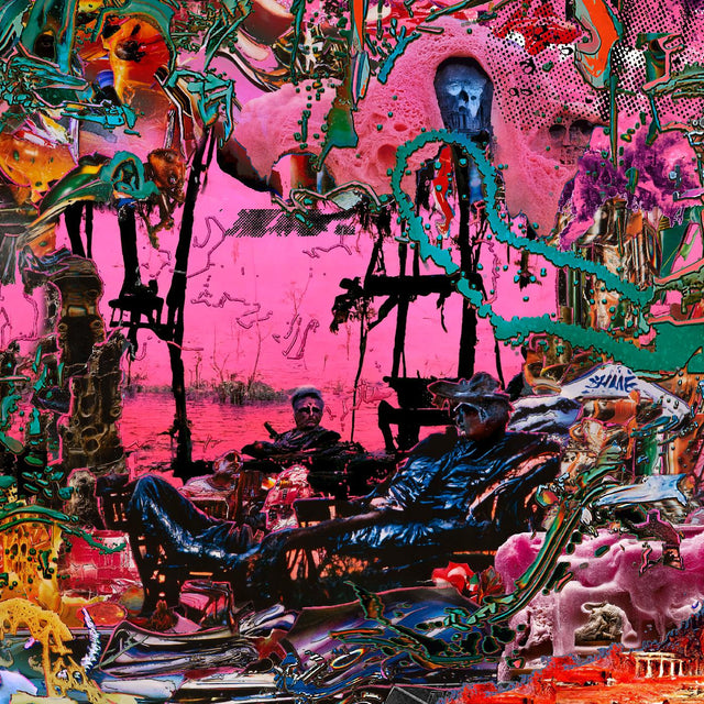 Abstract artwork featuring a collage of unrelated images including a band performing, a pink sky, and various objects and characters, predominantly in multicolor.