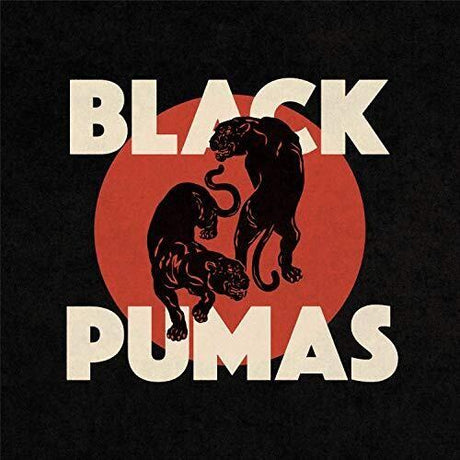 Album cover art for Black Pumas featuring the band's name with a silhouette of two pumas against a red sun background.