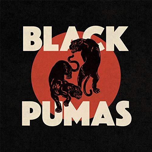 Album cover art for Black Pumas featuring the band's name with a silhouette of two pumas against a red sun background.