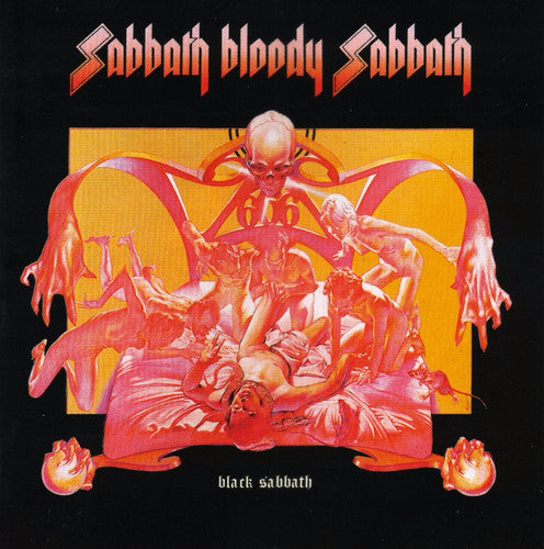 Album cover for Black Sabbath - Sabbath Bloody Sabbath featuring a red and orange illustration of a skull and figures.
