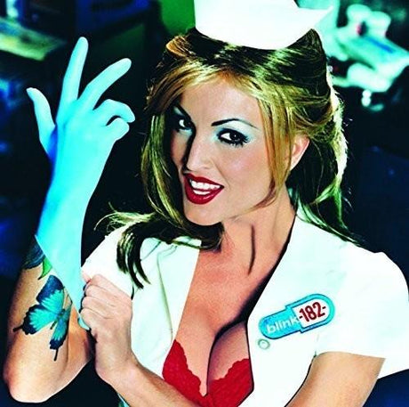 Vinyl record cover for Blink 182 release 'Enema of the State' image featuring a person in a nurse costume with a ' Blink 182 ' prop, against a blurred background.