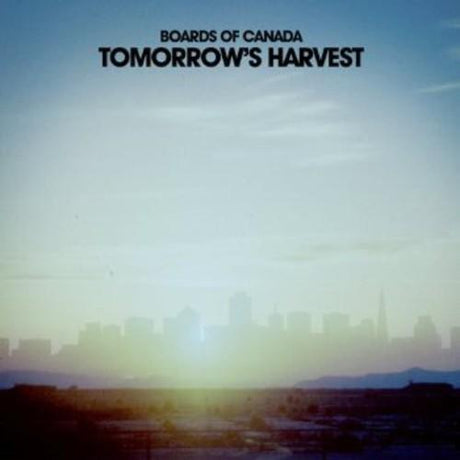 Cover art for 'Tomorrow's Harvest' by Boards of Canada featuring a stylized cityscape during sunset.