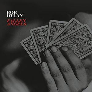 Album cover for 'Fallen Angels' by Bob Dylan featuring playing cards and hands.