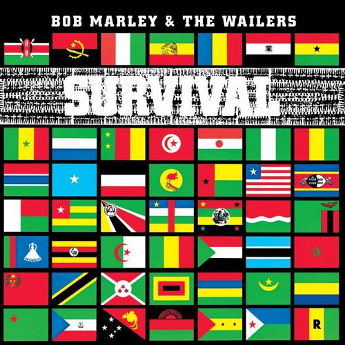 A vinyl record cover featuring a graphic design with various national flags, indicating the album 'Survival' by Bob Marley & The Wailers.