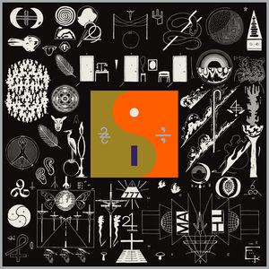 Album cover art for Bon Iver - 22 A Million featuring a black background with white text and symbols, and a central orange square with a backlit 'I'.