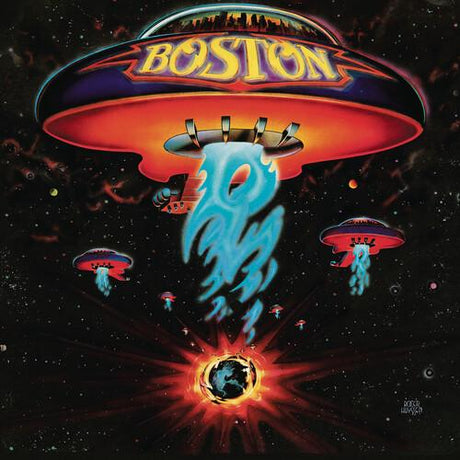 Album cover art for Boston's self-titled debut album featuring a UFO with a blue flame over a night cityscape.