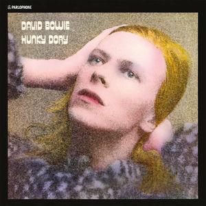 David Bowie album cover for 'Hunky Dory' featuring a photograph of Bowie with red hair and a hand on his head, against a textured background.