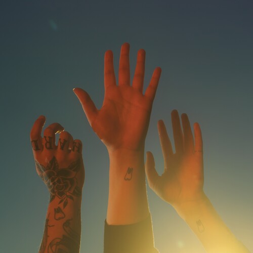 Vinyl record by Boygenius titled 'The Record' showing three hands reaching upwards against a sky background, with one hand displaying tattoos.