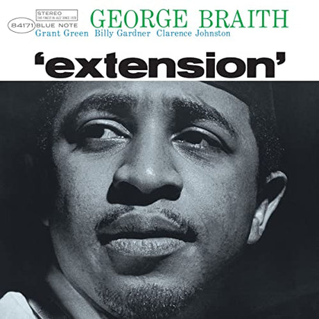 A vinyl record cover featuring a black and white image of George Braith, with the album title 'Extension' and the band members listed as Grant Green, Billy Gardner, and Clarence Johnston.