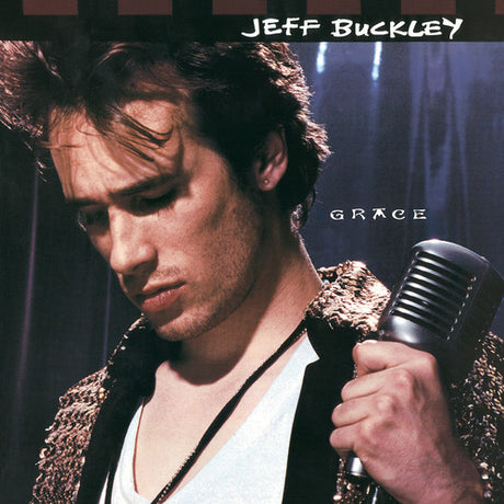 Album cover of Jeff Buckley's 'Grace' featuring a photo of Jeff Buckley holding a microphone.