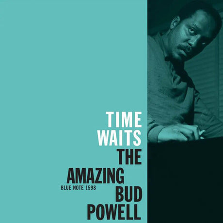 Album cover with text 'Time Waits The Amazing Bud Powell' on a teal background