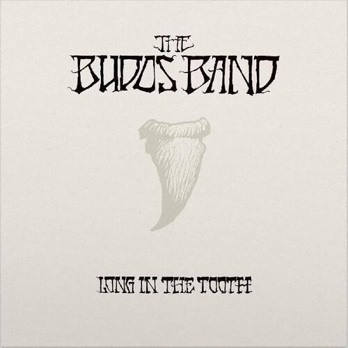 This image features the album cover for "Budos Band - Long In The Tooth." The design is minimalist and monochrome, utilizing a light background with the band's name in bold, black script at the top.