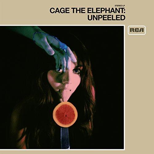 Album cover for 'Unpeeled' by Cage the Elephant with a hand reaching towards a person holding a sliced grapefruit.