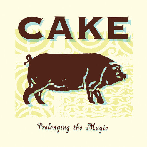 Album cover art for Cake's album 'Prolonging The Magic' featuring a stylized illustration of a pig in brown on a beige background with blue decorative elements.