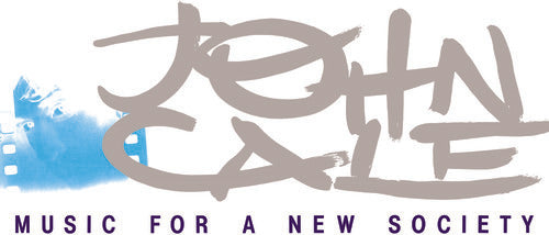 Album cover art for 'Music For A New Society' featuring the artist's name, John Cale, in a stylized font with a blue background.