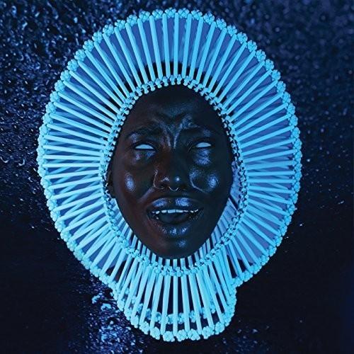 Album cover art for Childish Gambino - Awaken My Love featuring a person's face encased in a blue, light-emitting geometric frame.