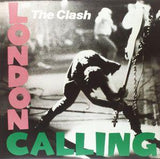 The Clash - London Calling album cover featuring a black and white photo of a person playing a guitar on a stage with the text 'London Calling' and 'The Clash' above.