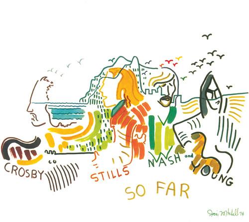 Colorful illustration of a band with text 'Crosby, Stills, Nash & Young' and 'So Far' on a white background