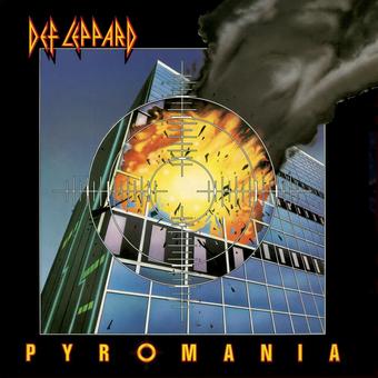 Album cover for Def Leppard's Pyromania featuring a building with a fiery eye motif.