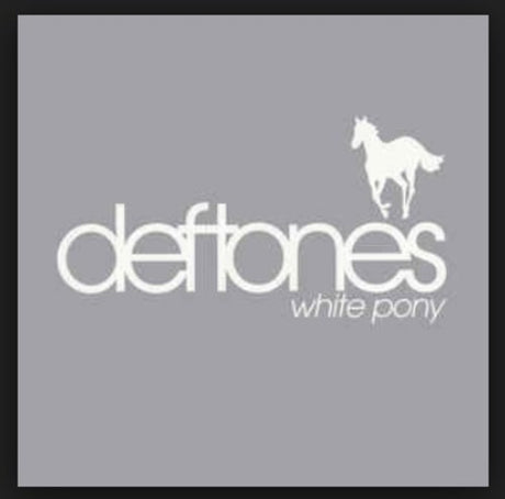 Album cover for Deftones - White Pony with a grey background and the band's logo which includes a white horse silhouette and text.