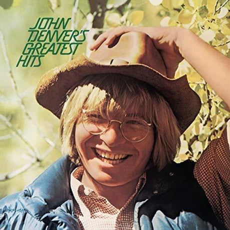 Cover of the vinyl record 'John Denver's Greatest Hits' featuring a portrait of John Denver with a hat and glasses, against a background suggesting a natural outdoor setting.