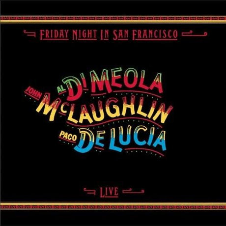 Album cover with colorful text featuring musicians' names on a black background