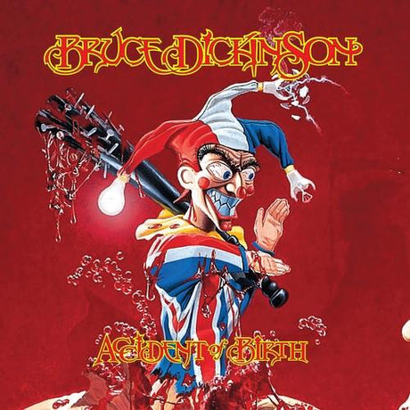 Album cover for Bruce Dickinson's 'Accident Of Birth' featuring an illustration of a character resembling Bruce Dickinson in a jester outfit against a red background.