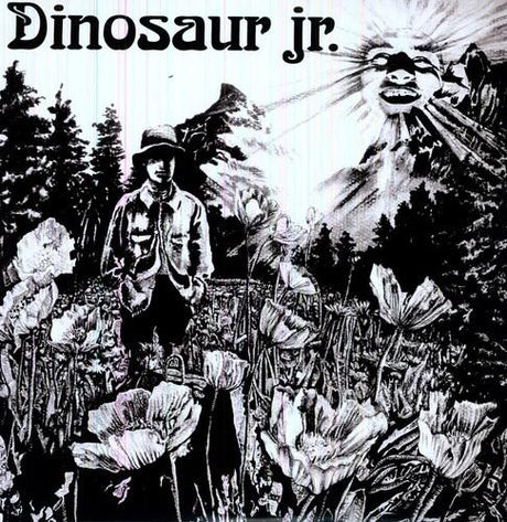 Album cover art for Dinosaur Jr - Dinosaur record featuring a black and white illustration of a person standing in a field with a sun and mountains in the background.