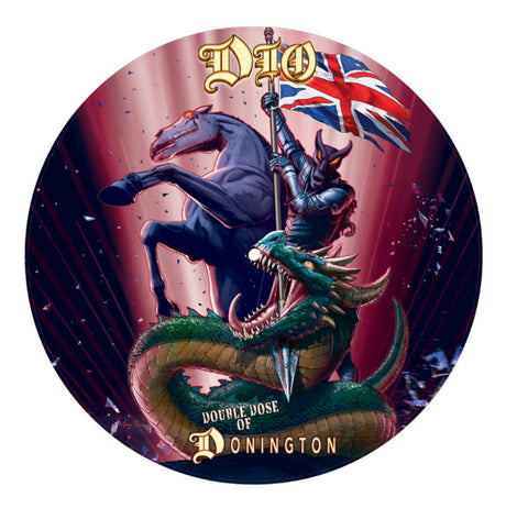 A vinyl record cover featuring a colorful artwork with a knight riding a horse, holding a British flag, and a large snake coiled below. The text 'Dio' and 'Double Dose Of Donington' is visible.