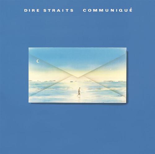 Album cover of 'Communiqué' by Dire Straits with a person walking on a beach.