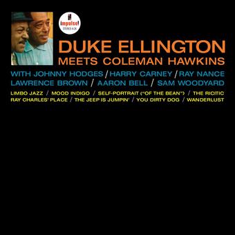 Album cover with Duke Ellington and Coleman Hawkins, featuring a list of songs on a black background.