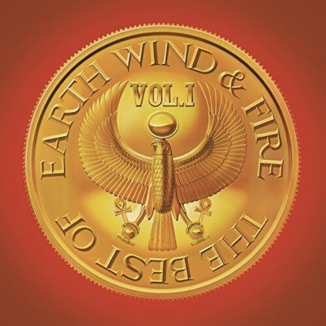 A vinyl record cover featuring the text 'EARTH, WIND & FIRE - THE BEST OF' with an illustration of a bird-like figure against a gold background.