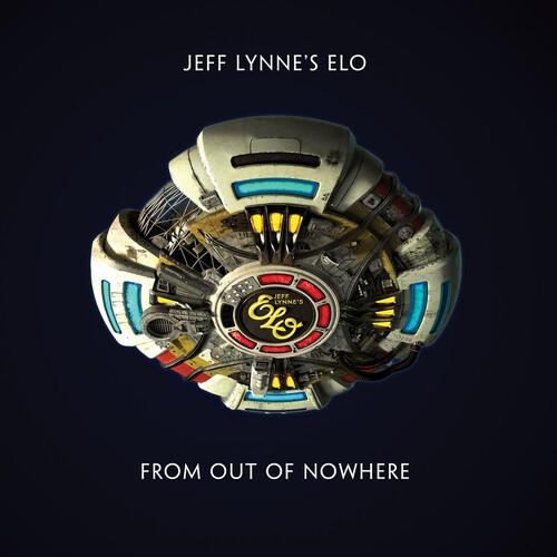 Album cover for Electric Light Orchestra's 'From Out Of Nowhere' featuring a stylized graphic of a robotic head with colorful details and the ELO logo.