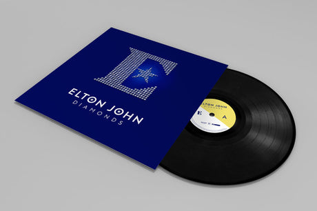 Elton John vinyl record titled 'Diamonds' and the blue cover with a large E and his name and title on it in white text.