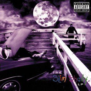 Album cover for Eminem's 'Slim Shady' featuring a black and white image of a man walking on a pier with a large moon in the background. The cover has a 'Parental Advisory' label.
