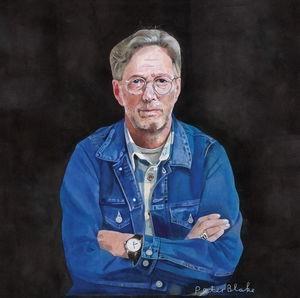 A portrait of Eric Clapton with a blue denim jacket and glasses, looking to the side.