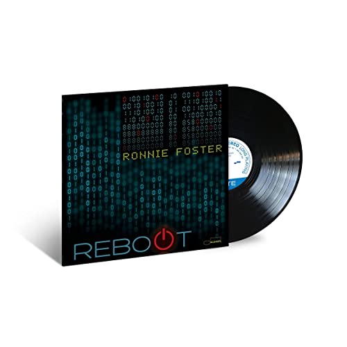 A vinyl record titled 'REBOOT' by Ronnie Foster, featuring a geometric pattern with code-like symbols on the cover.
