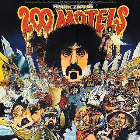 Front cover of Frank Zappa's 200 Motels with illustrations of Frank and many other characters.