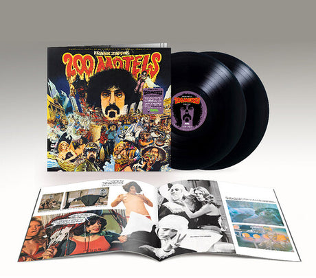 Image showing 2 vinyl records, the front cover and an open bookelet included with Frank Zappa's 200 Motels.