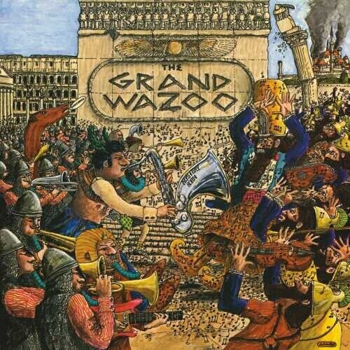 Album cover art for 'Grand Wazoo' by Frank Zappa featuring a colorful and intricate illustration with several characters and instruments.