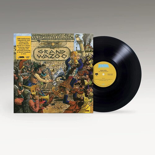 Vinyl record and fron album cover art for 'Grand Wazoo' by Frank Zappa featuring a colorful and intricate illustration with several characters and instruments.