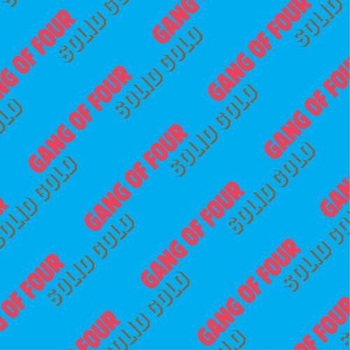 A blue vinyl record cover featuring the text 'Gang of Four' in a repeating pattern with a red font.