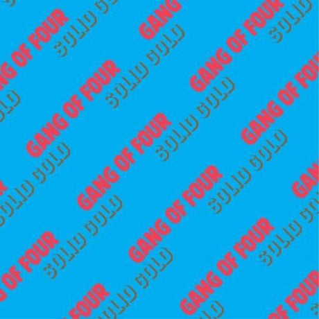 A blue vinyl record cover featuring the text 'Gang of Four' in a repeating pattern with a red font.