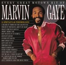 Album cover of 'Every Great Motown Hit' by Marvin Gaye featuring a photo of Marvin Gaye in a red jacket against a white background, with a list of track names below.