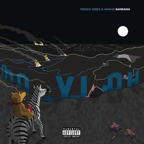 Album cover art for 'Bandana' by Freddie Gibbs and Madlib, featuring a stylized illustration with a zebra, a bear, and cityscapes against a moonlit sky background.