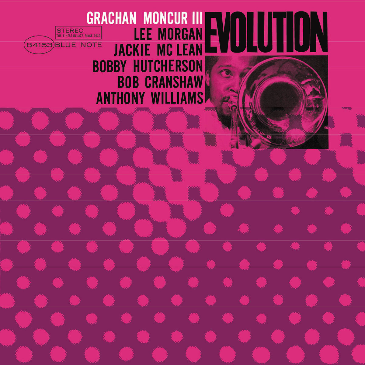 Album cover with pink and purple pattern, featuring a trumpet and text.